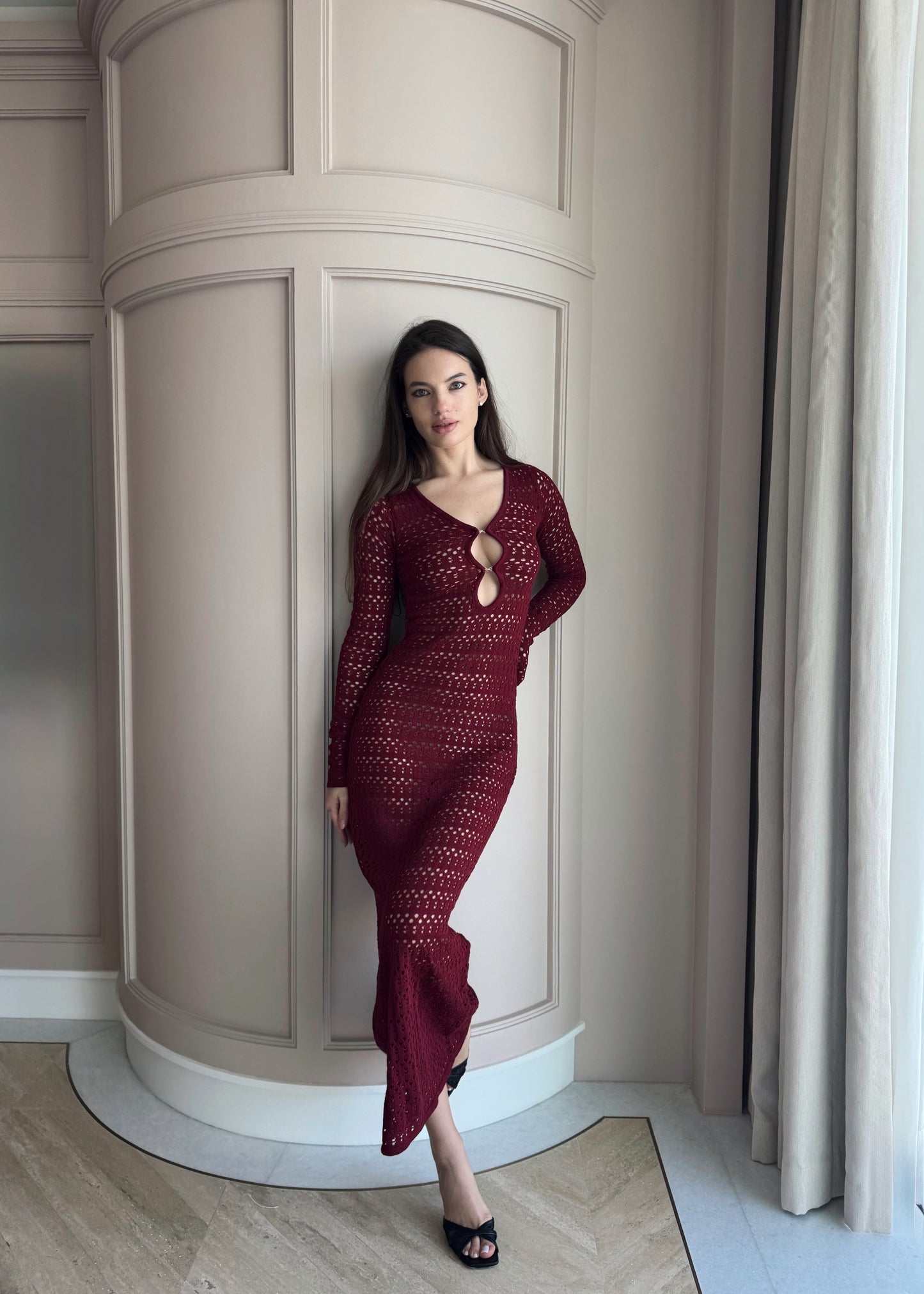 Girl in burgundy beach dress