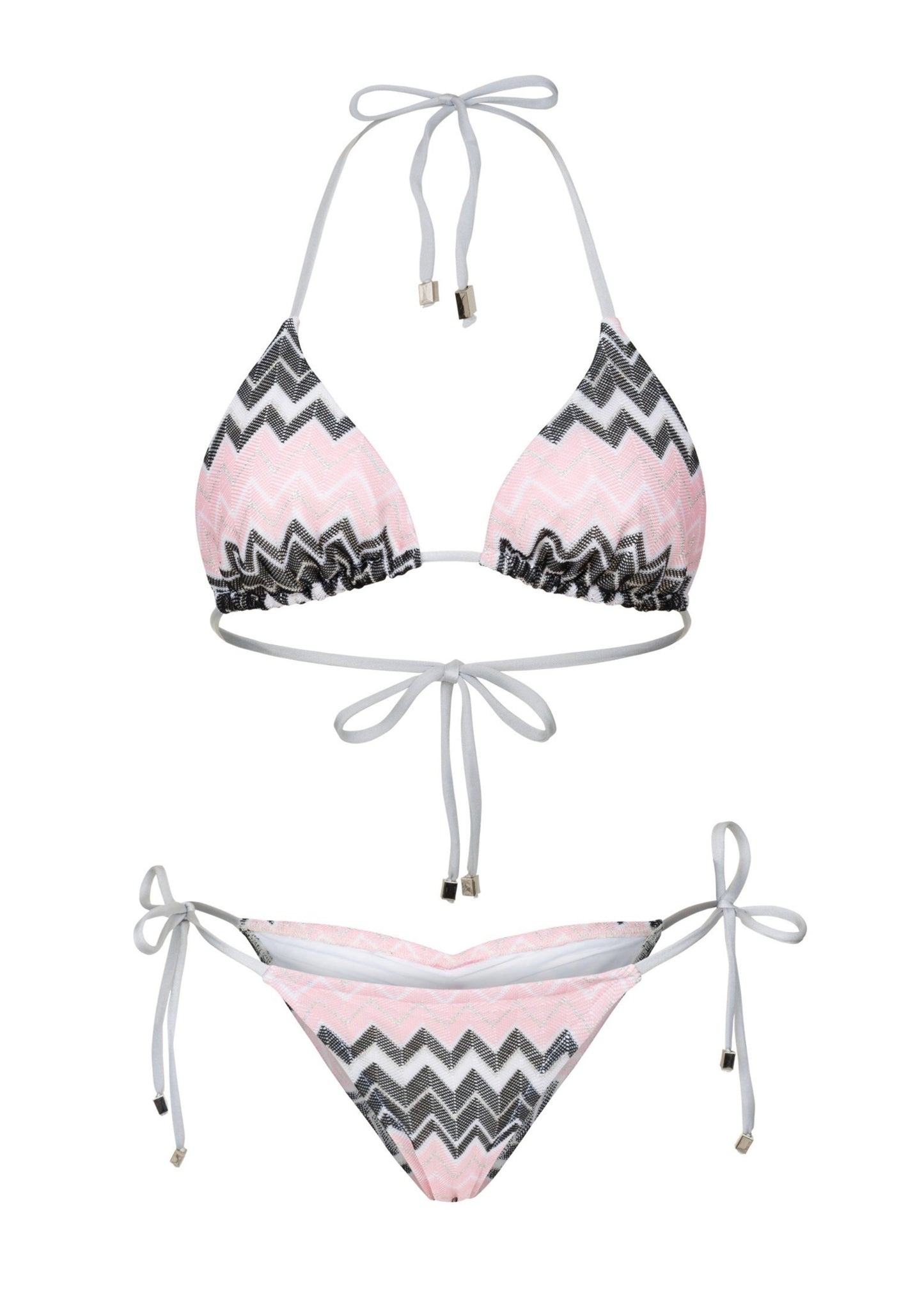 Bikini set with pink and gray missoni pattern on a white background