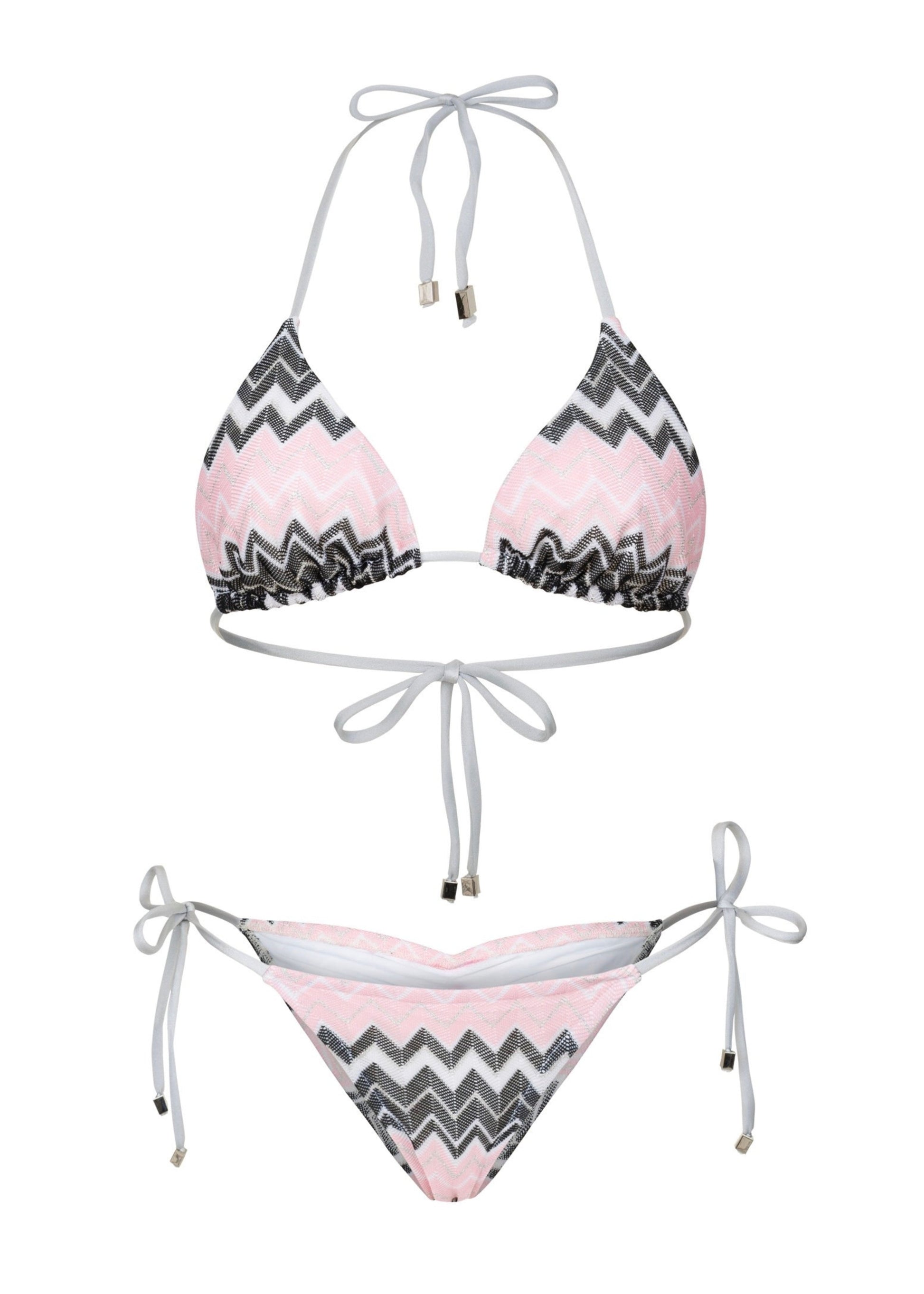 Bikini set with pink and gray missoni pattern on a white background