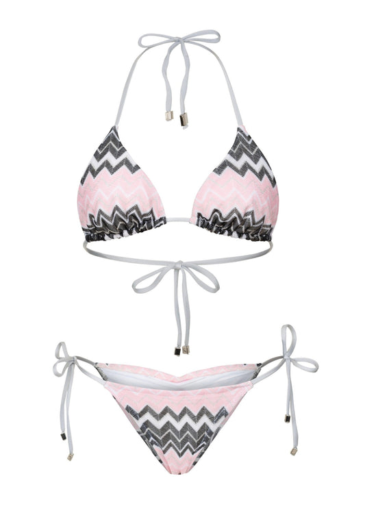 Bikini set with pink and gray missoni pattern on a white background