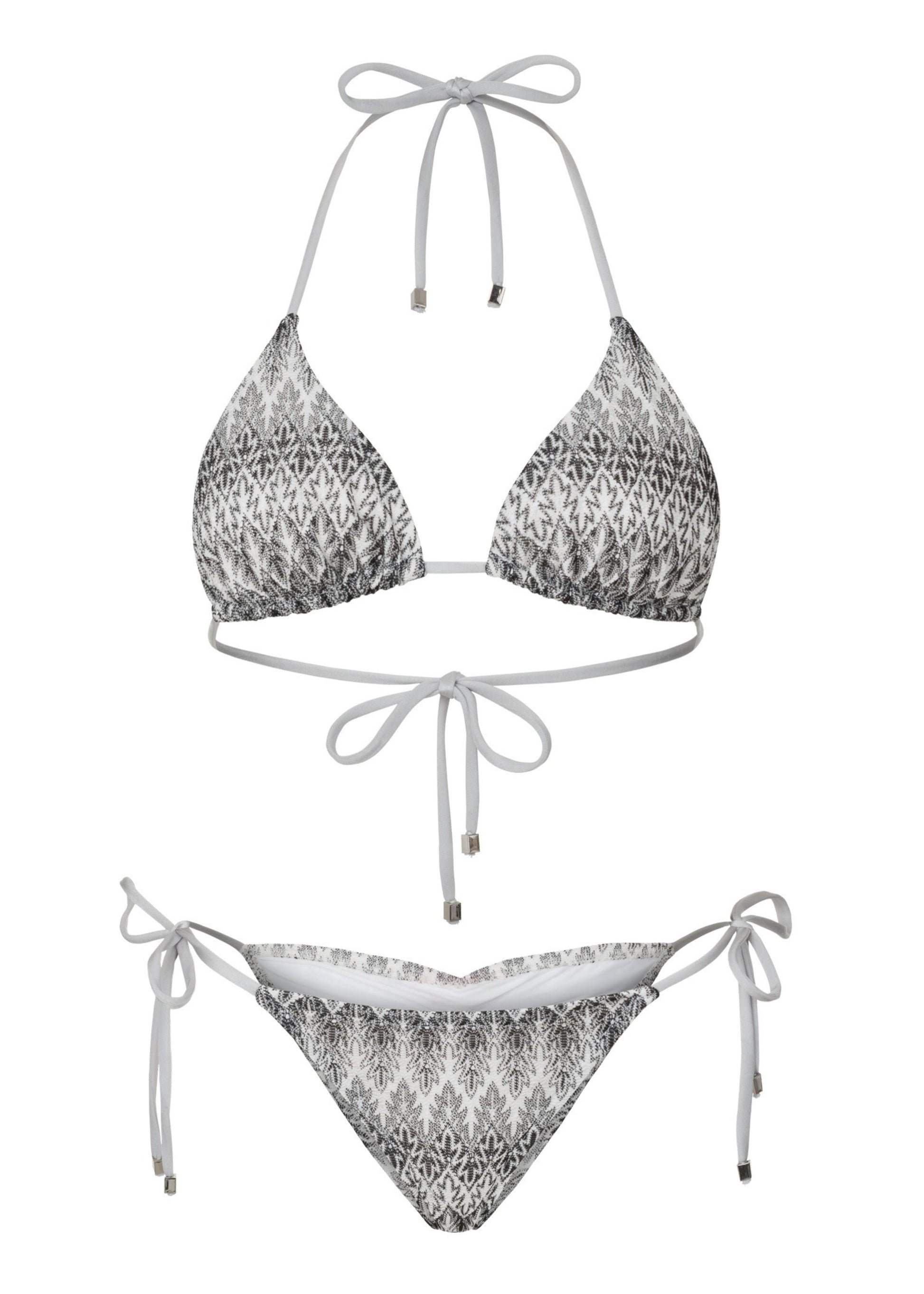 Black and white patterned bikini set on a white background