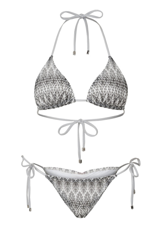 Black and white patterned bikini set on a white background
