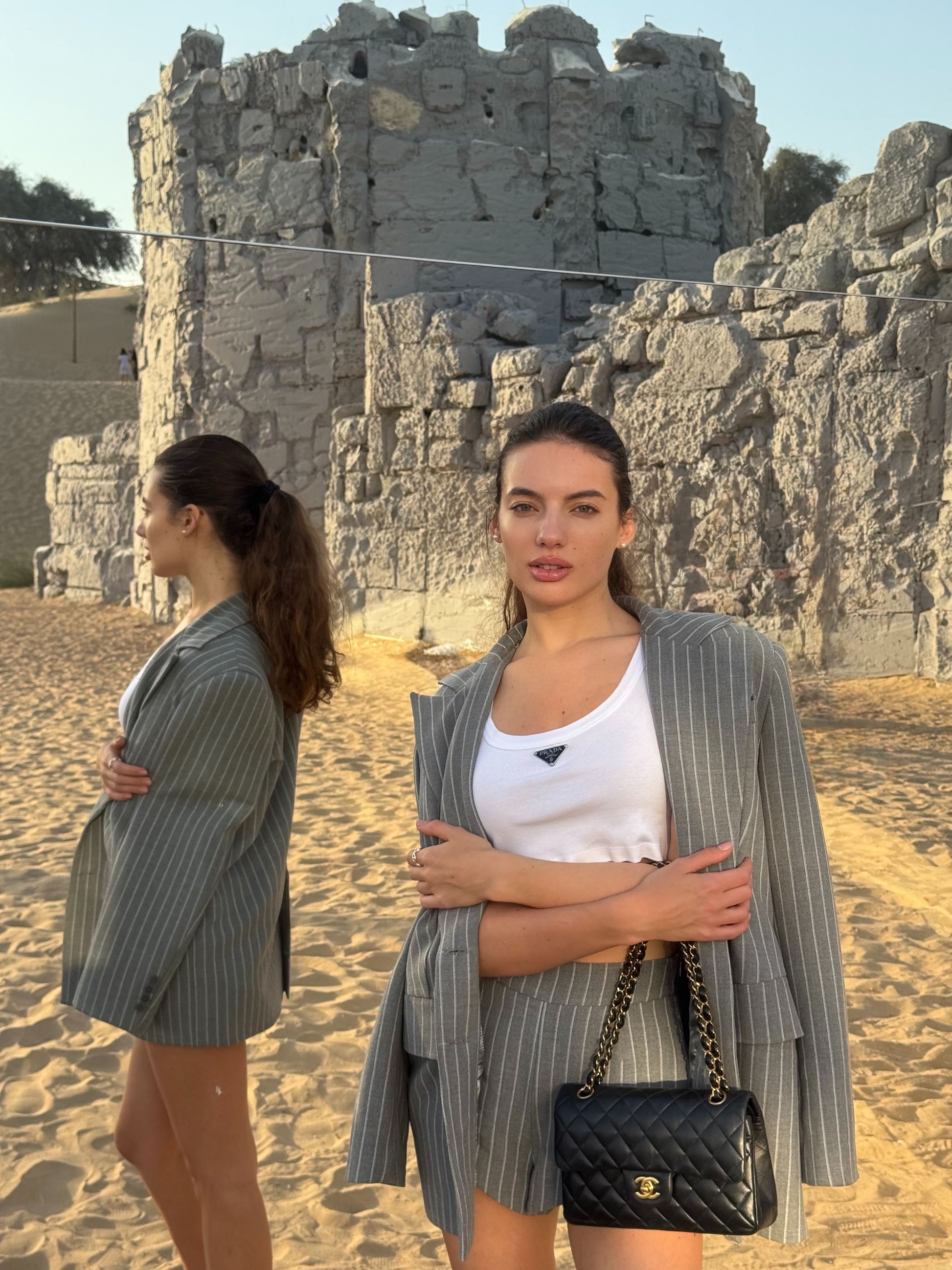Girl in grey suit