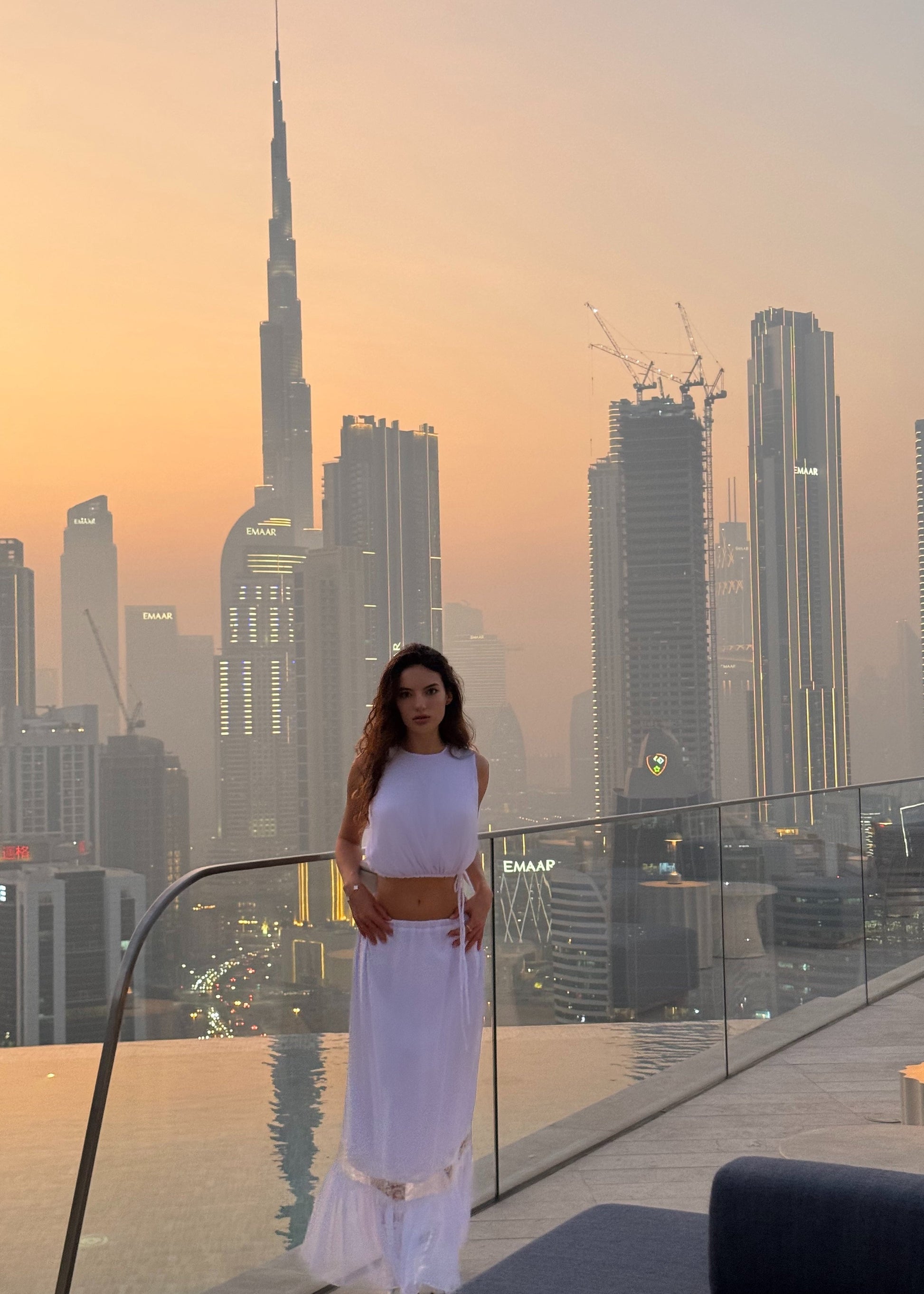 Girl in white chiffon suit with long skirt