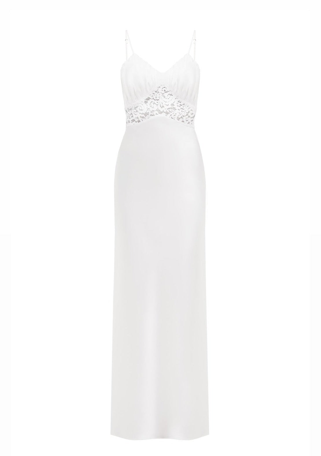 Long white satin dress with lace