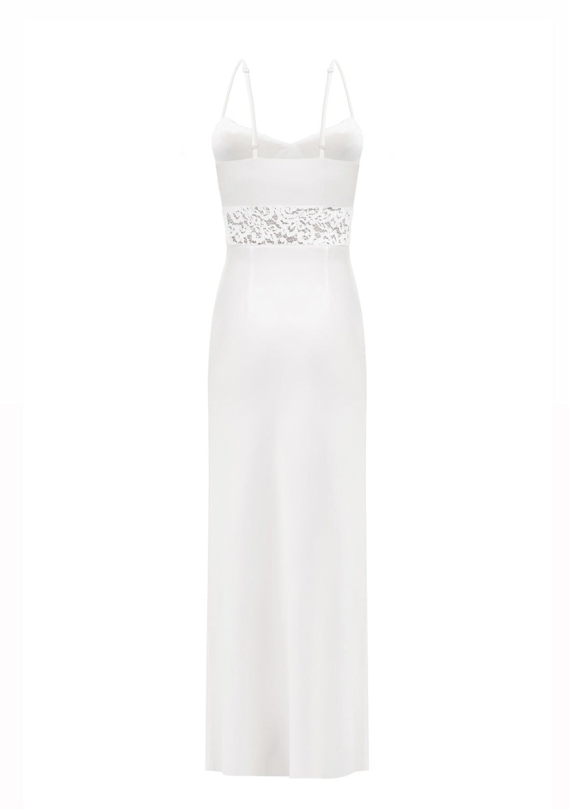 Long white satin dress with lace