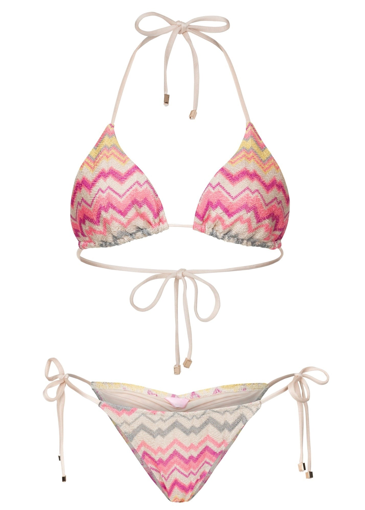 Triangle bikini set with pink and gray zigzag pattern on a white background