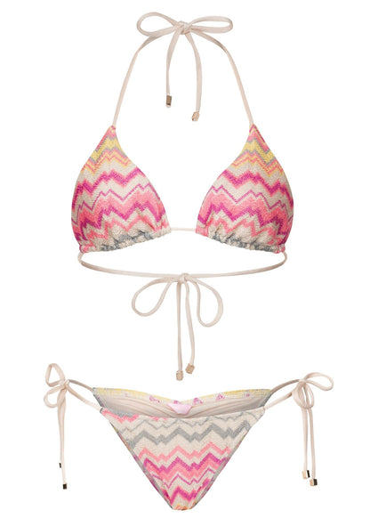 Triangle bikini set with pink and gray zigzag pattern on a white background