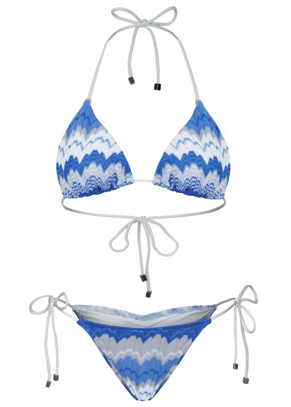 Blue and white patterned bikini set on a white background